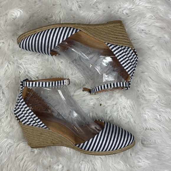 White Mountain Shoes - White Mountain Navy Striped Espadrille Wedges